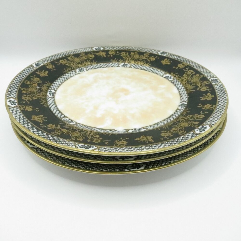 Noritake Salad Plate Set of 3 Black Handpainted Raised Gold Accents 9"